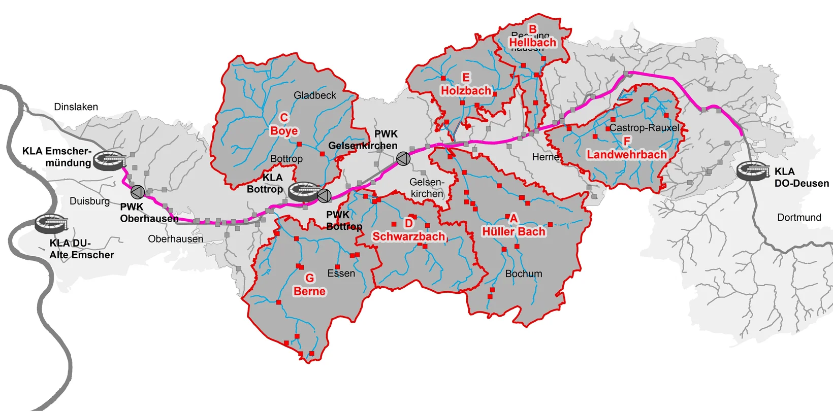 Einzugsgebiet der Kläranlagen Bottrop und Emschermündung mit Markierung relevanter Teilgebiete