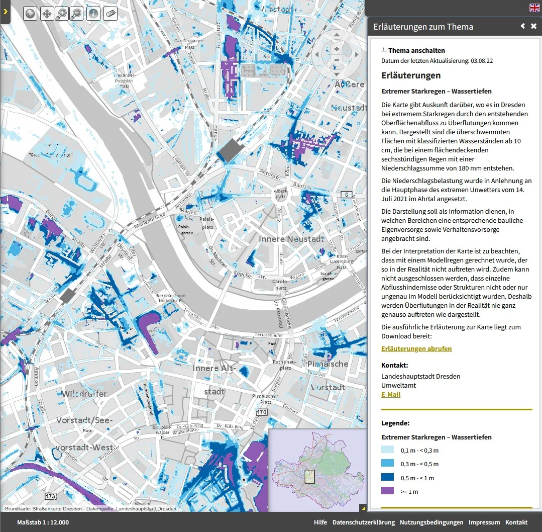 Themenstadtplan Dresden extremer Starkregen Wassertiefe